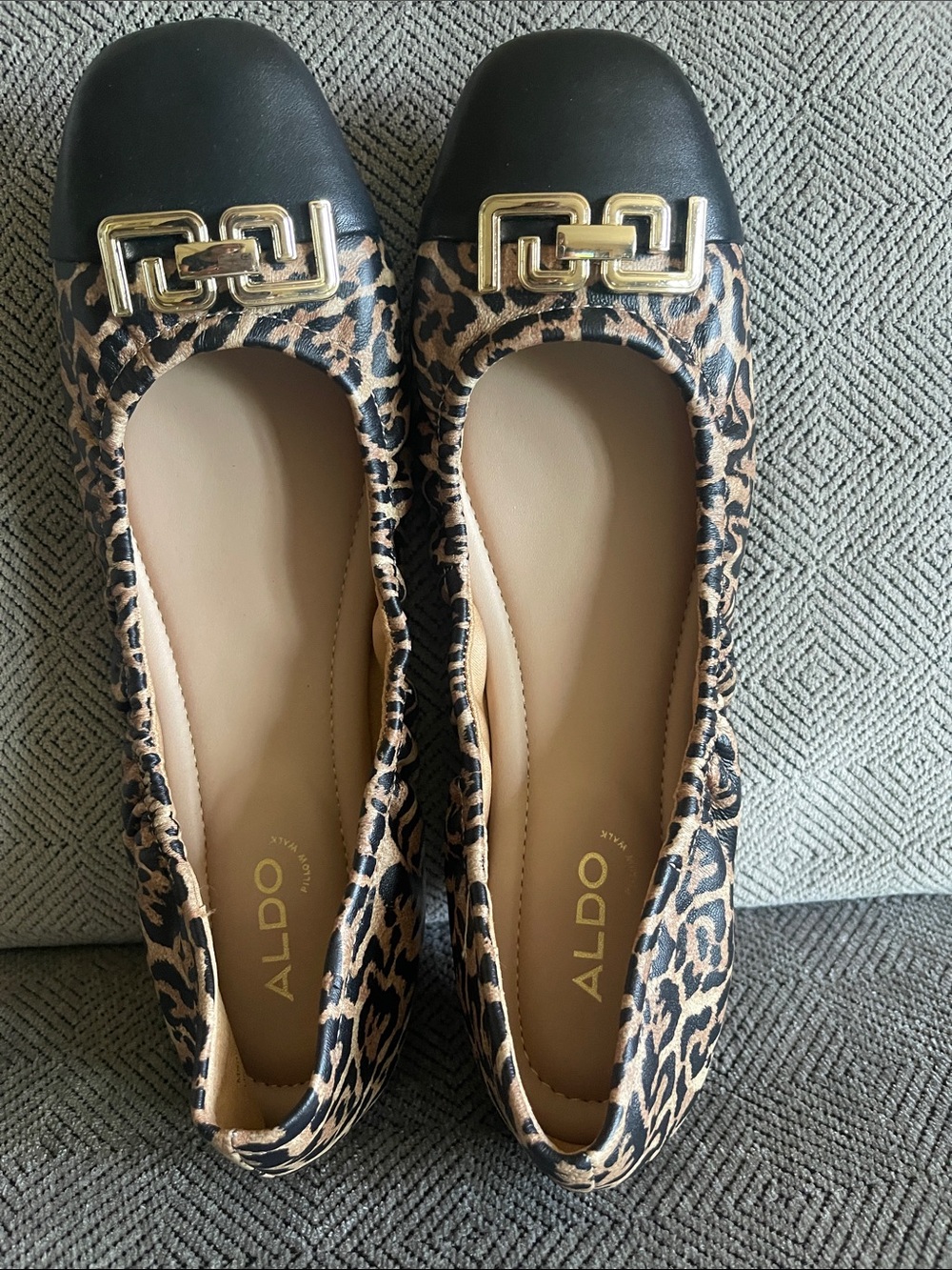 Aldo Leopard-Print Ballet Flats with Black Cap Toe & Gold Chain